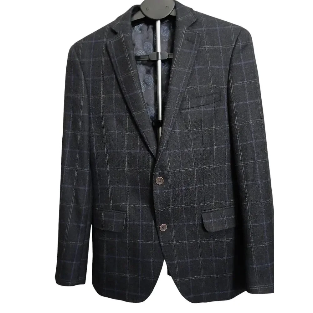 Tallia Men's Slim Fit WOOL Blend Sport Coat Sz 40 Black Plaid Jacket Macy's $295